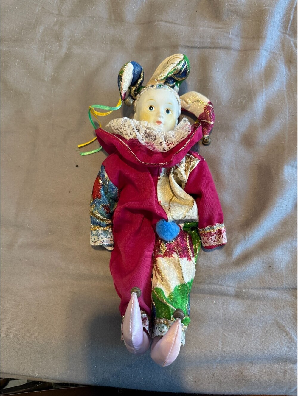 Vintage Porcelain Jester Clown Doll Magenta Metallic Brocade Bells Lace Collar M